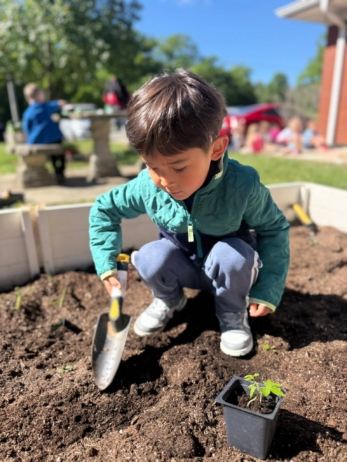 Child planting seeds in the dirt at crestwood