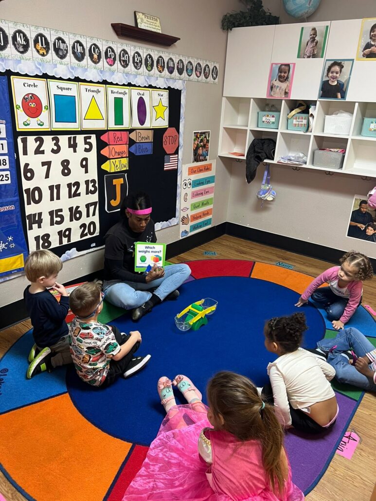 children listening to teacher read book at preschool and daycare at cadence academy preschool in the colony texas