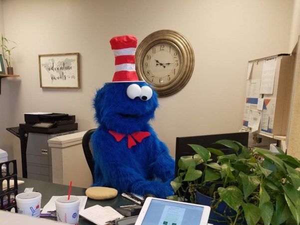 cookie_monster_working_front_desk_canterbury_preparatory_school_overland_park_ks-601x450