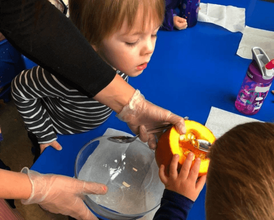 preschoolers_cleaning_seeds_out_of_pumpkin_cadence_academy_preschool_sellwood_portland_or-561x450