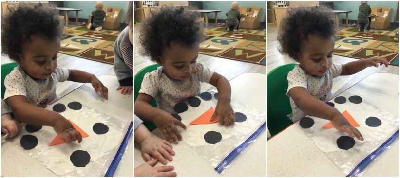 a series of images of a child doing crafts indoors