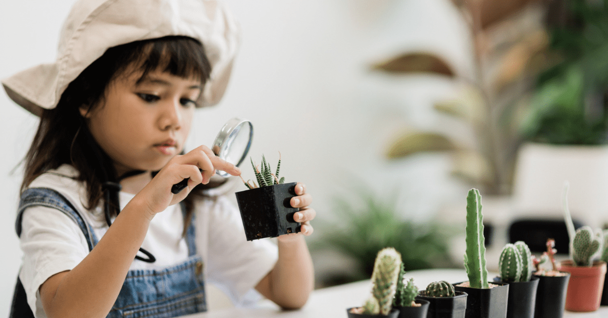 a child looking at a plant