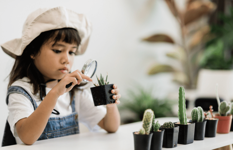 a child looking at a plant