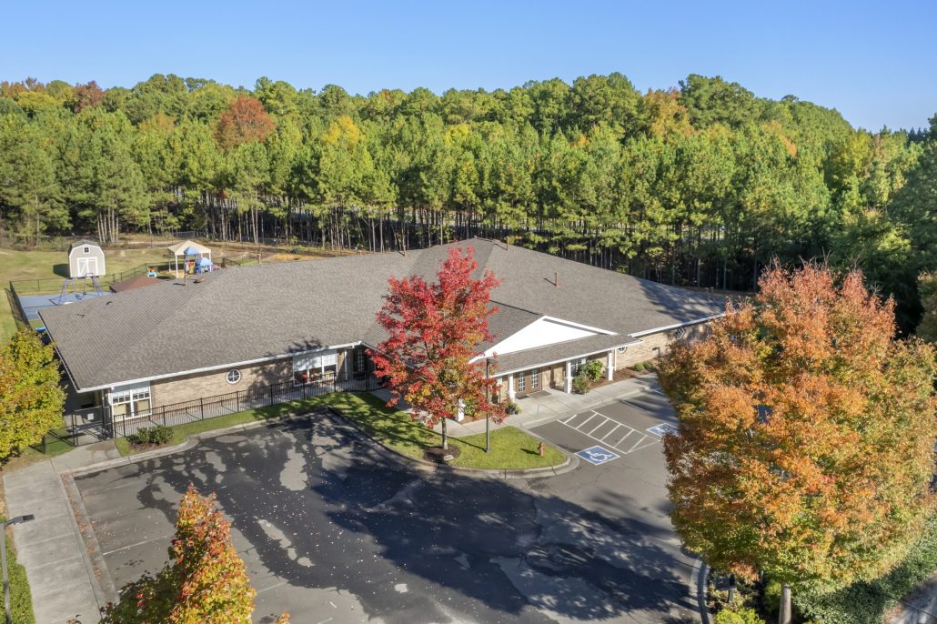 Aerial View Cadence Academy Preschool in Brier Creek Surrounded By Trees